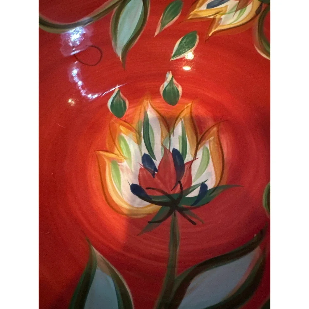 Hand Painted Red Ceramic Floral Serving Bowl Large 16.5 Decorative Centerpiece